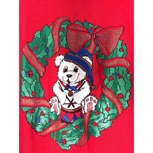 90s vintage red christmas wreath teddy bear graphic acrylic pullover sweater - Picture 8 of 8